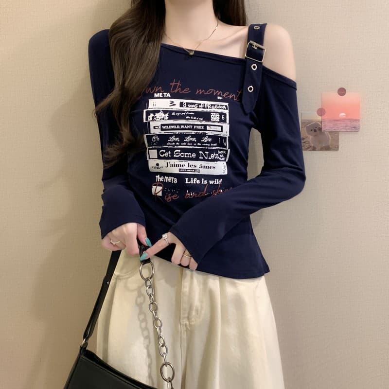 실사 정가 이른 가을 새로운 디자인 센스 불규칙 밑단 달콤한 매운맛 오프숄더 비스듬한 칼라 프린트 긴팔 기본 셔츠 상세 이미지 28