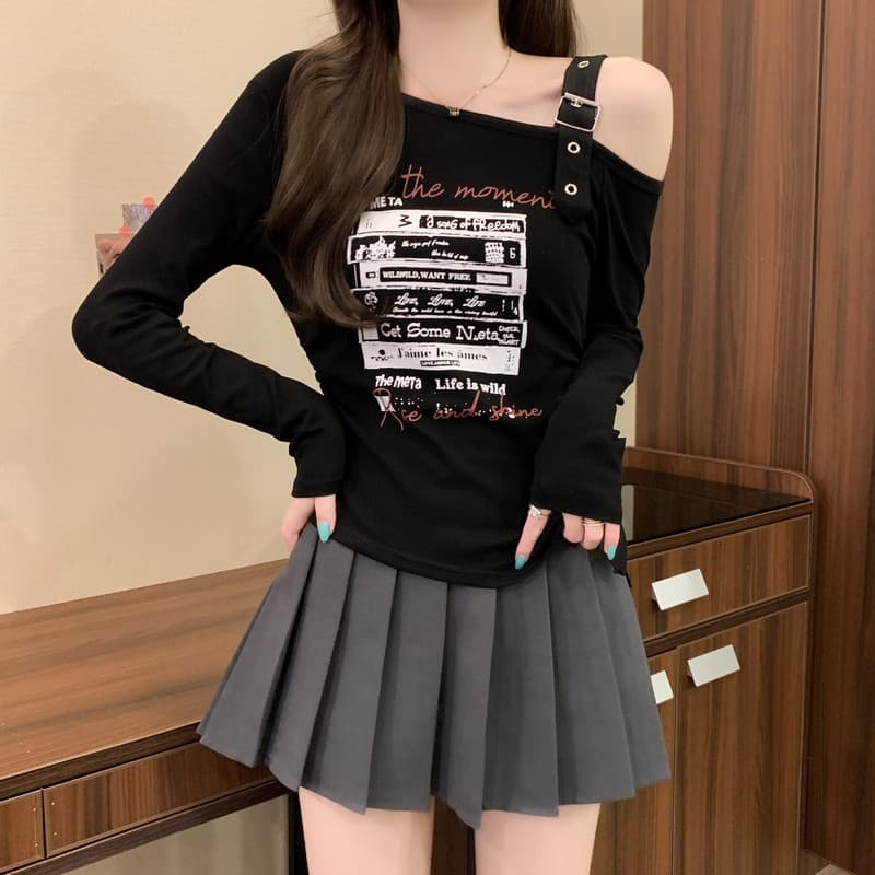 실사 정가 이른 가을 새로운 디자인 센스 불규칙 밑단 달콤한 매운맛 오프숄더 비스듬한 칼라 프린트 긴팔 기본 셔츠 상세 이미지 30