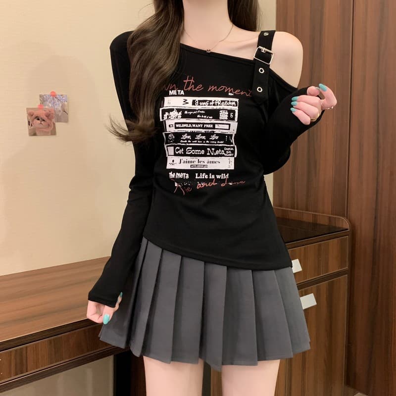 실사 정가 이른 가을 새로운 디자인 센스 불규칙 밑단 달콤한 매운맛 오프숄더 비스듬한 칼라 프린트 긴팔 기본 셔츠 상세 이미지 31