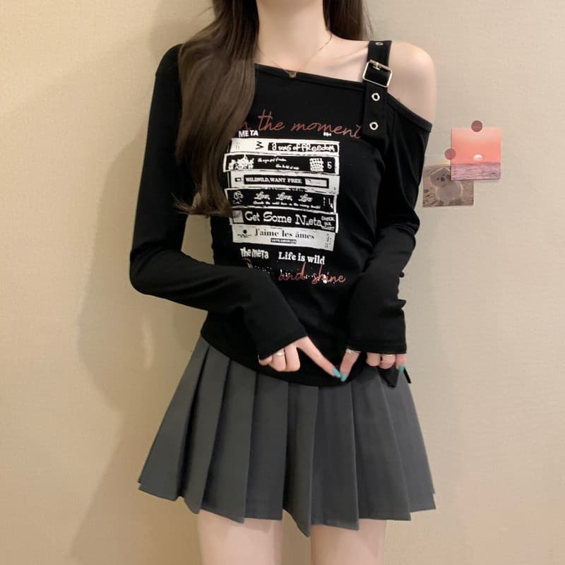 실사 정가 이른 가을 새로운 디자인 센스 불규칙 밑단 달콤한 매운맛 오프숄더 비스듬한 칼라 프린트 긴팔 기본 셔츠 상세 이미지 33