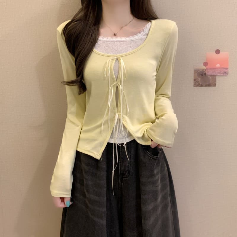 실사 정가 이른 가을 새로운 한국 스타일 순수한 욕망 레이스 나비 매듭 페이크 레이어드 달콤한 매운맛 편안함 긴팔 패션 맨위 이미지 2