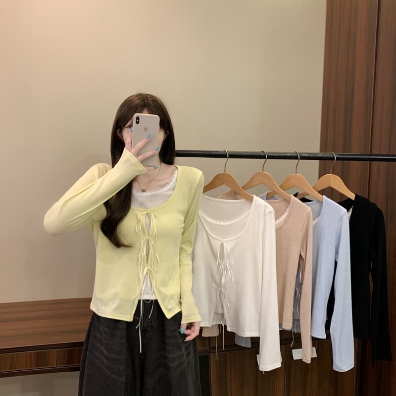 실사 정가 이른 가을 새로운 한국 스타일 순수한 욕망 레이스 나비 매듭 페이크 레이어드 달콤한 매운맛 편안함 긴팔 패션 맨위 상세 이미지 2