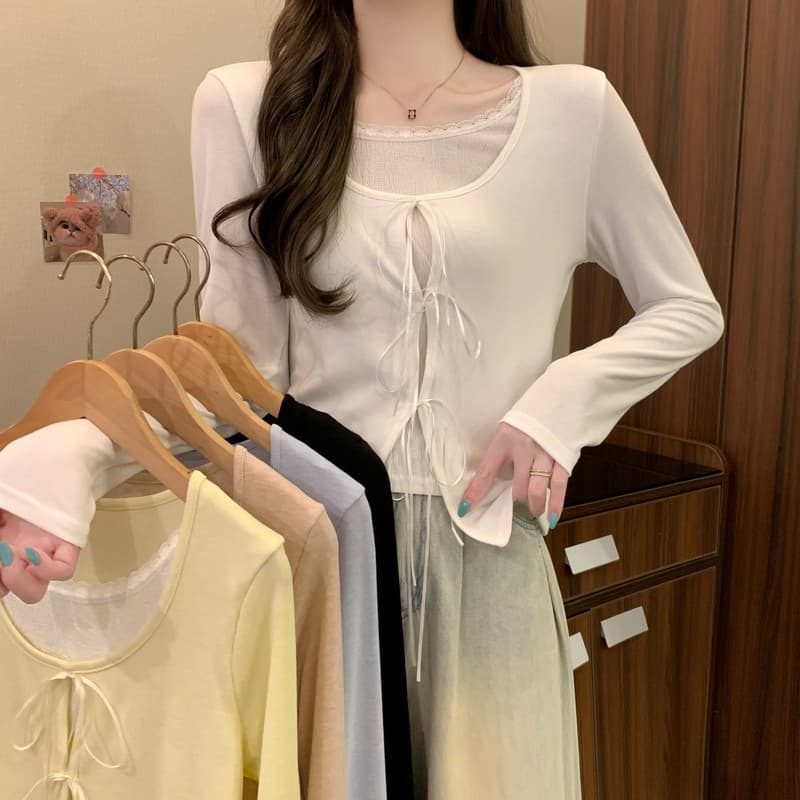 실사 정가 이른 가을 새로운 한국 스타일 순수한 욕망 레이스 나비 매듭 페이크 레이어드 달콤한 매운맛 편안함 긴팔 패션 맨위 상세 이미지 3