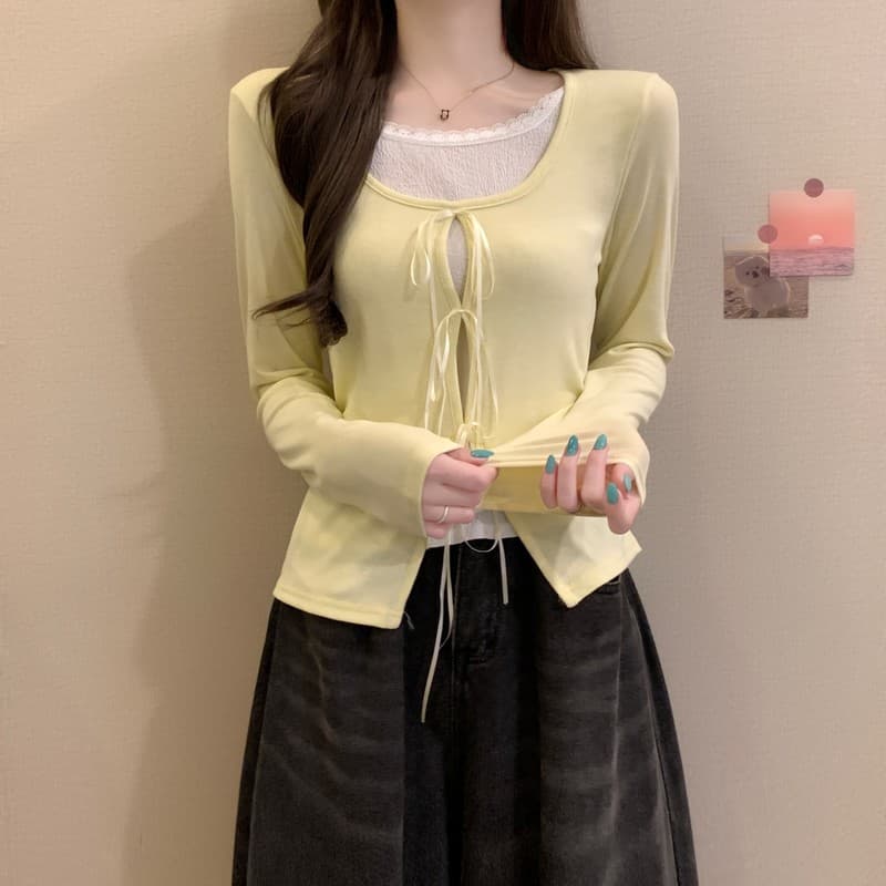 실사 정가 이른 가을 새로운 한국 스타일 순수한 욕망 레이스 나비 매듭 페이크 레이어드 달콤한 매운맛 편안함 긴팔 패션 맨위 상세 이미지 15
