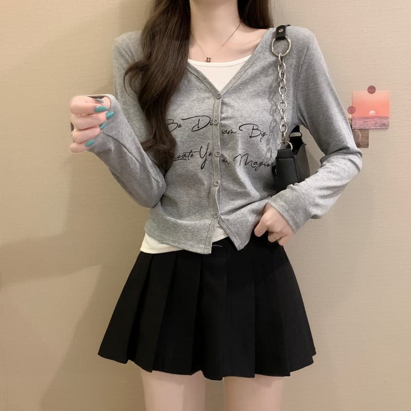실사 정가 이른 가을 새로운 한국 스타일 품격 슬림해 보이는 느긋한 바람 허리 수축 페이크 레이어드 프린트 긴팔 티셔츠 맨위 상세 이미지 15