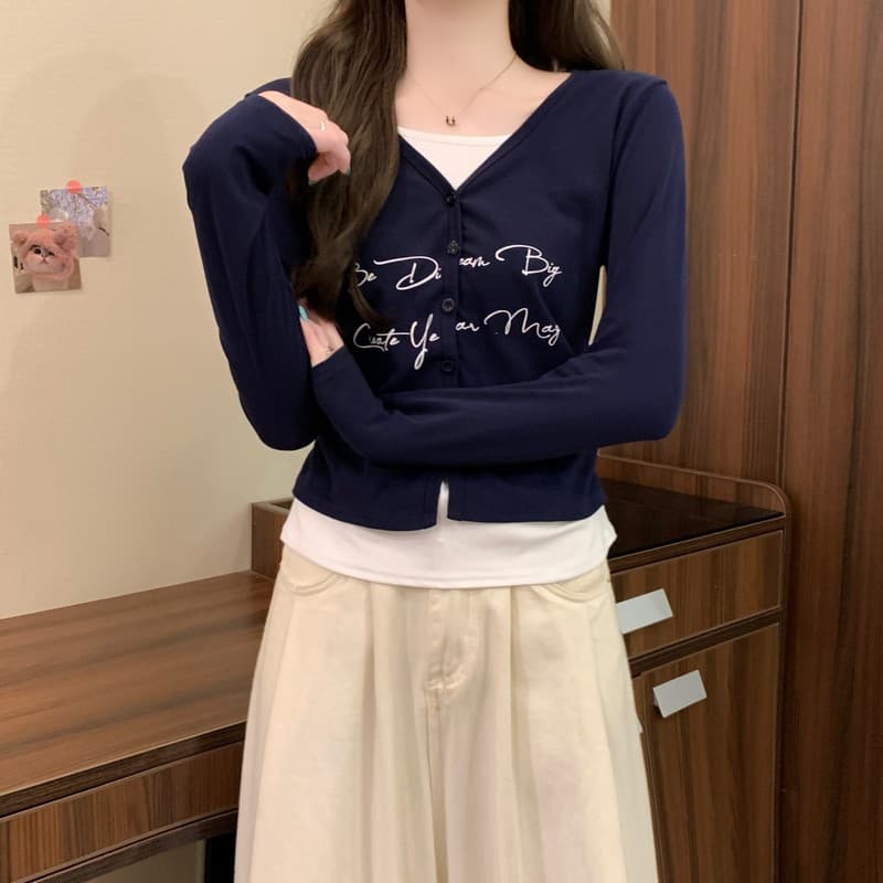 실사 정가 이른 가을 새로운 한국 스타일 품격 슬림해 보이는 느긋한 바람 허리 수축 페이크 레이어드 프린트 긴팔 티셔츠 맨위 상세 이미지 18
