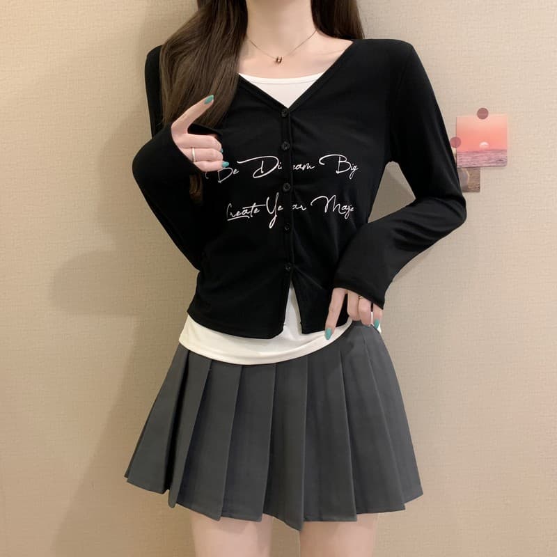 실사 정가 이른 가을 새로운 한국 스타일 품격 슬림해 보이는 느긋한 바람 허리 수축 페이크 레이어드 프린트 긴팔 티셔츠 맨위 상세 이미지 26