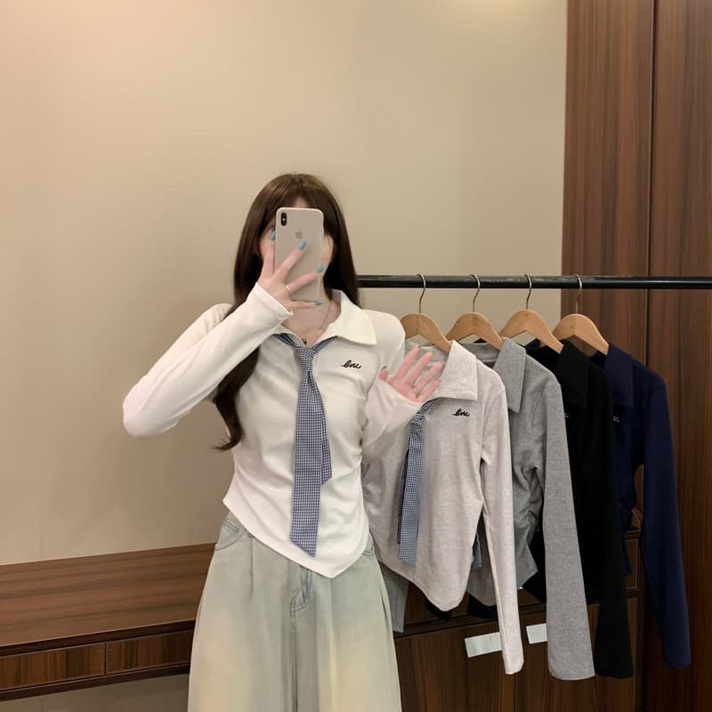 실사 정가 이른 가을 새로운 학원 스타일 연령 감소 POLO 칼라 디자인 센스 체크무늬 넥타이 꼬집기 허리 긴팔 맨위 상세 이미지 2