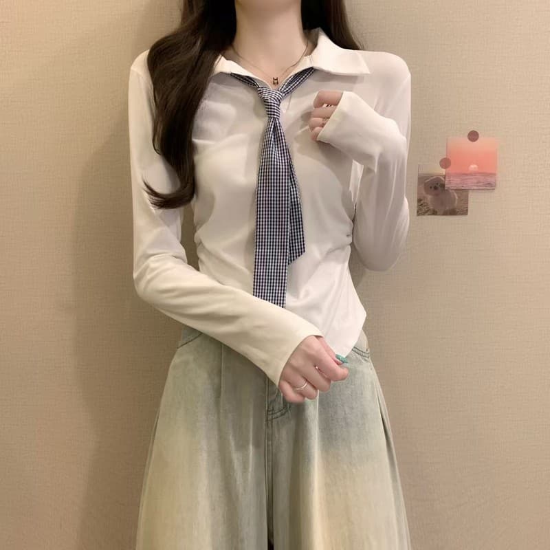 실사 정가 이른 가을 새로운 학원 스타일 연령 감소 POLO 칼라 디자인 센스 체크무늬 넥타이 꼬집기 허리 긴팔 맨위 상세 이미지 7