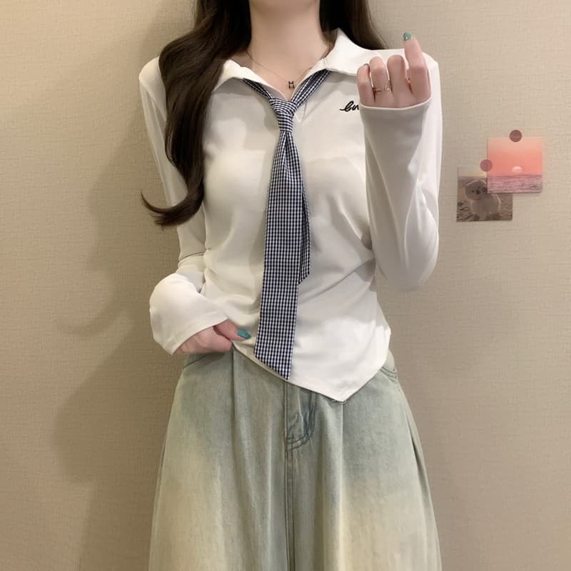 실사 정가 이른 가을 새로운 학원 스타일 연령 감소 POLO 칼라 디자인 센스 체크무늬 넥타이 꼬집기 허리 긴팔 맨위 상세 이미지 9