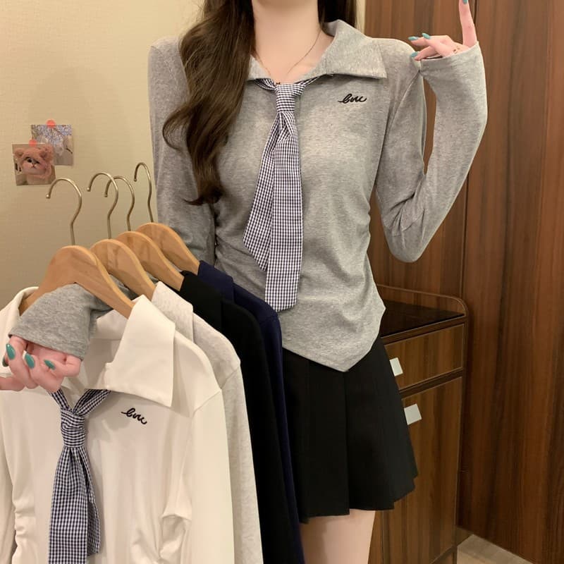 실사 정가 이른 가을 새로운 학원 스타일 연령 감소 POLO 칼라 디자인 센스 체크무늬 넥타이 꼬집기 허리 긴팔 맨위 상세 이미지 11