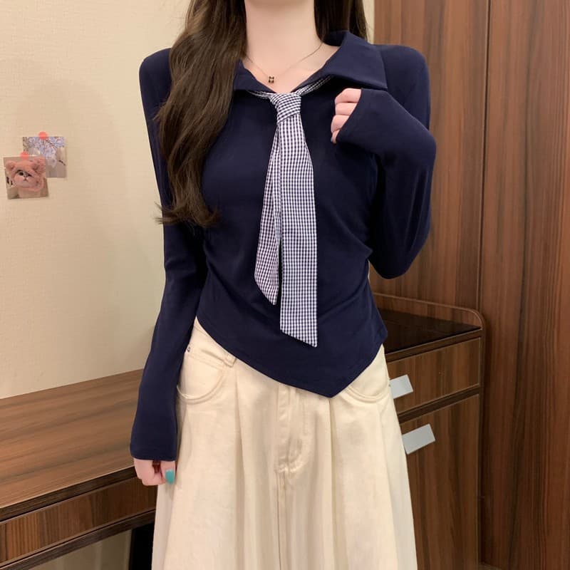 실사 정가 이른 가을 새로운 학원 스타일 연령 감소 POLO 칼라 디자인 센스 체크무늬 넥타이 꼬집기 허리 긴팔 맨위 상세 이미지 25