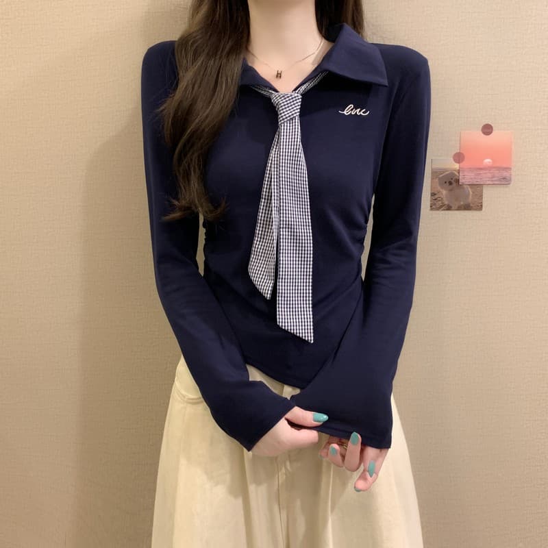 실사 정가 이른 가을 새로운 학원 스타일 연령 감소 POLO 칼라 디자인 센스 체크무늬 넥타이 꼬집기 허리 긴팔 맨위 상세 이미지 29