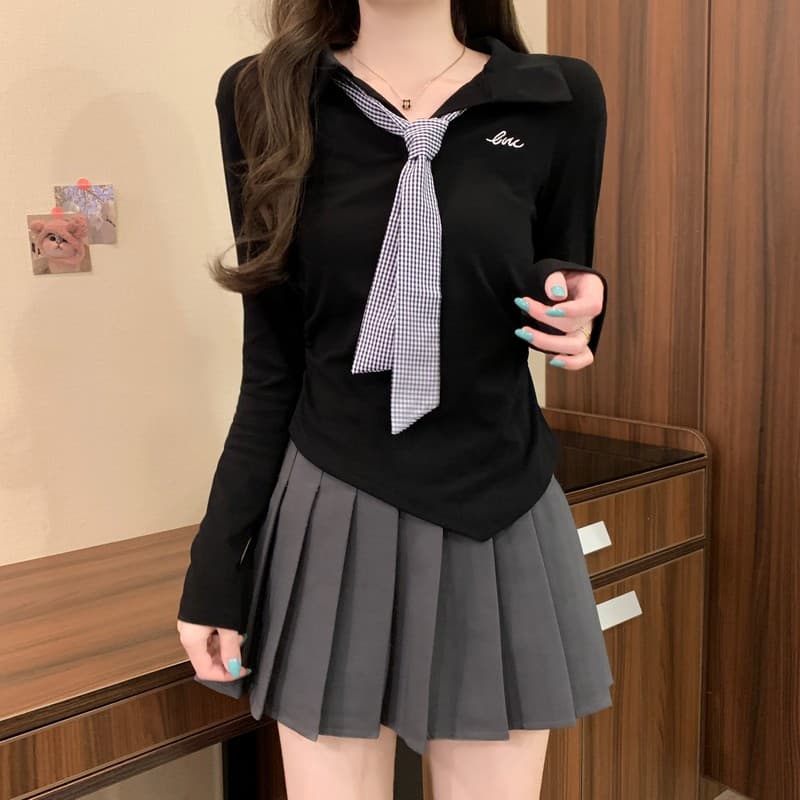 실사 정가 이른 가을 새로운 학원 스타일 연령 감소 POLO 칼라 디자인 센스 체크무늬 넥타이 꼬집기 허리 긴팔 맨위 상세 이미지 32