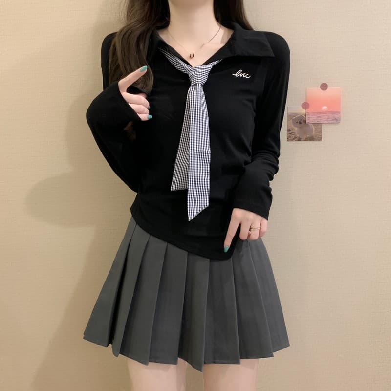 실사 정가 이른 가을 새로운 학원 스타일 연령 감소 POLO 칼라 디자인 센스 체크무늬 넥타이 꼬집기 허리 긴팔 맨위 상세 이미지 34