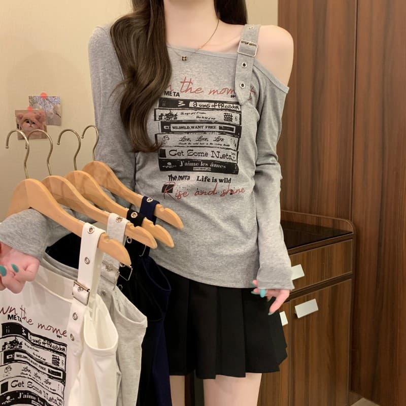 실사 정가 이른 가을 새로운 디자인 센스 불규칙 밑단 달콤한 매운맛 오프숄더 비스듬한 칼라 프린트 긴팔 기본 셔츠