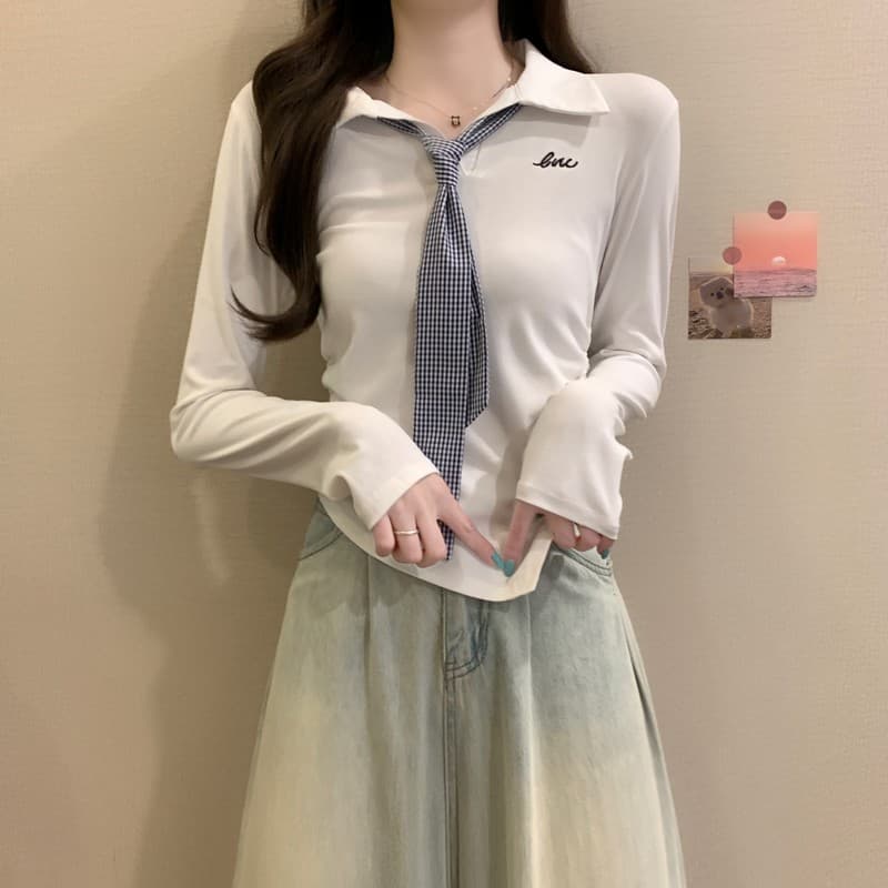 실사 정가 이른 가을 새로운 학원 스타일 연령 감소 POLO 칼라 디자인 센스 체크무늬 넥타이 꼬집기 허리 긴팔 맨위 이미지 2