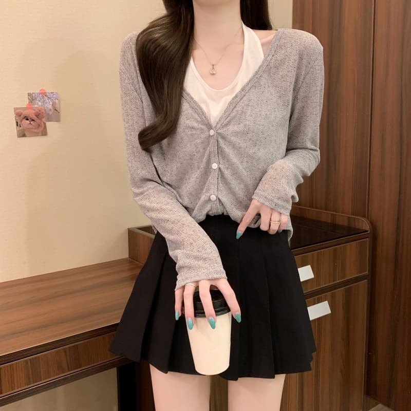 실사 정가 가을 새로운 한국 스타일 부드러운 행침 목 페이크 레이어드 캐주얼 V넥 긴팔 몸매 가꾸기 다용도 배색 맨위 이미지 3