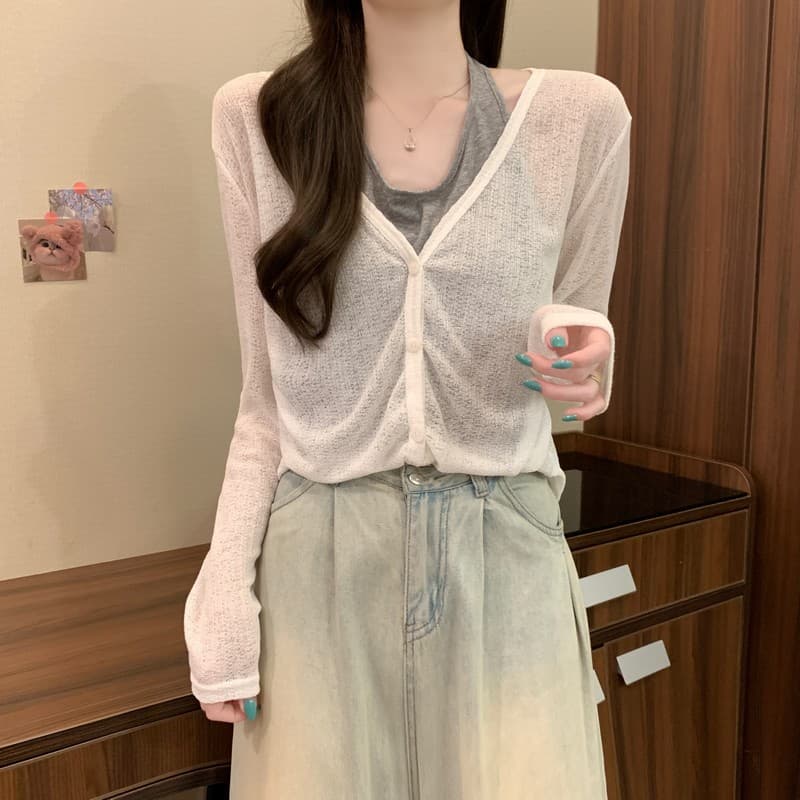 실사 정가 가을 새로운 한국 스타일 부드러운 행침 목 페이크 레이어드 캐주얼 V넥 긴팔 몸매 가꾸기 다용도 배색 맨위 상세 이미지 5