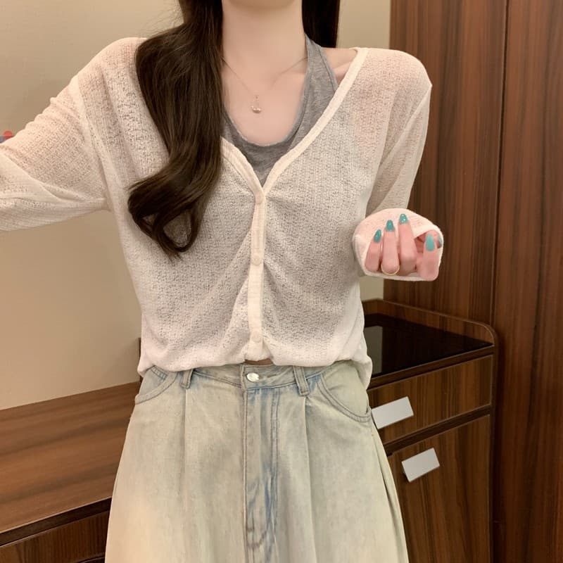 실사 정가 가을 새로운 한국 스타일 부드러운 행침 목 페이크 레이어드 캐주얼 V넥 긴팔 몸매 가꾸기 다용도 배색 맨위 상세 이미지 6