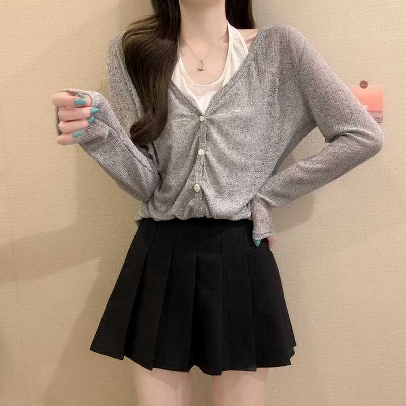 실사 정가 가을 새로운 한국 스타일 부드러운 행침 목 페이크 레이어드 캐주얼 V넥 긴팔 몸매 가꾸기 다용도 배색 맨위 상세 이미지 21