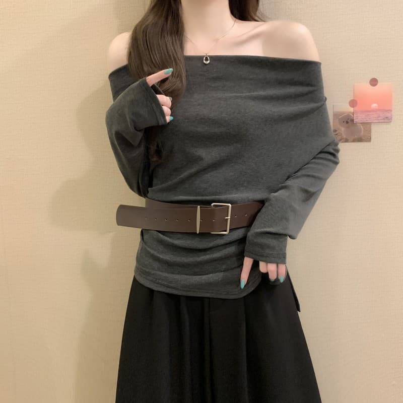 실사 정가 이른 가을 새로운 한 부서 chic Chic 오프숄더 아름다운 허리 수축 트임 오프숄더 긴팔 맨위 이미지 4