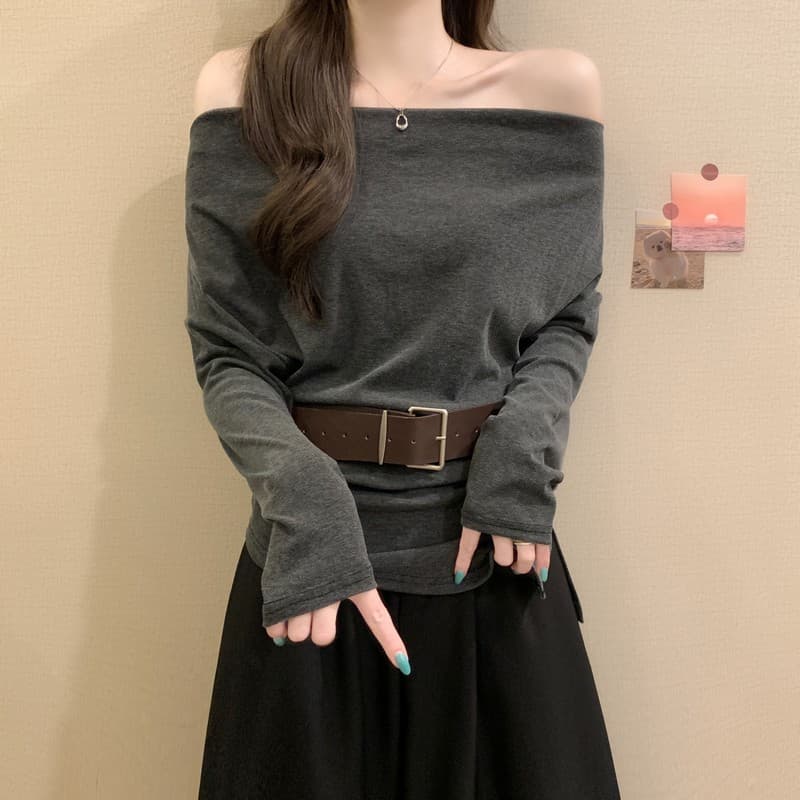 실사 정가 이른 가을 새로운 한 부서 chic Chic 오프숄더 아름다운 허리 수축 트임 오프숄더 긴팔 맨위 상세 이미지 24