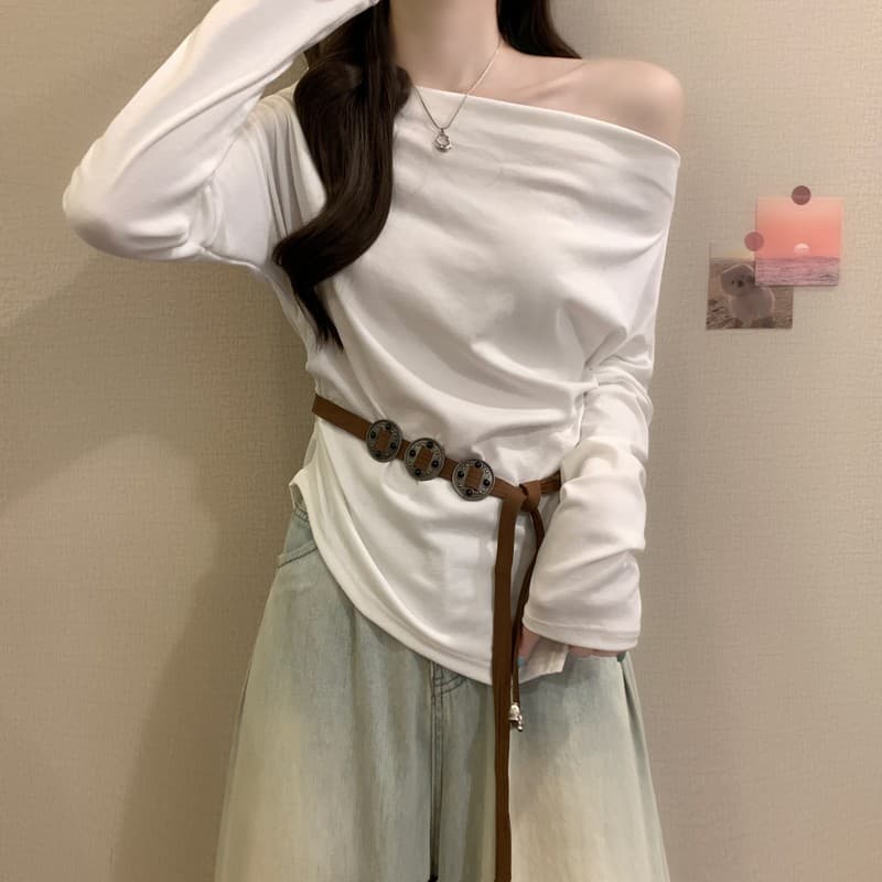 실사 정가 이른 가을 새로운 한 부서 불규칙 순수한 욕망 오프숄더 디자인 센스 몸매 가꾸기 오프숄더 맨위 벨트 포함 상세 이미지 6