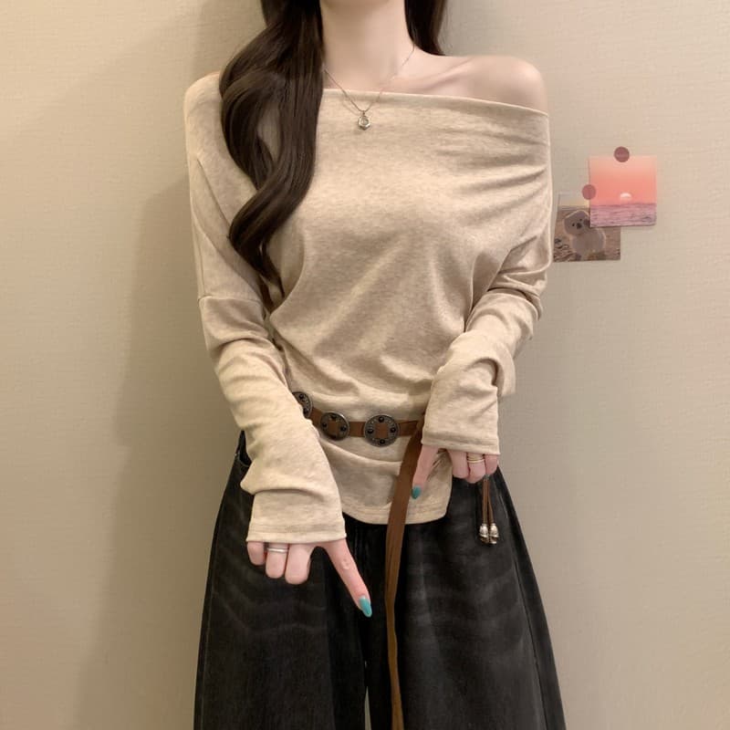 실사 정가 이른 가을 새로운 한 부서 불규칙 순수한 욕망 오프숄더 디자인 센스 몸매 가꾸기 오프숄더 맨위 벨트 포함 상세 이미지 12