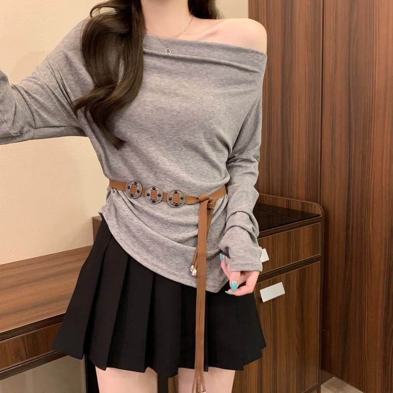 실사 정가 이른 가을 새로운 한 부서 불규칙 순수한 욕망 오프숄더 디자인 센스 몸매 가꾸기 오프숄더 맨위 벨트 포함 상세 이미지 13