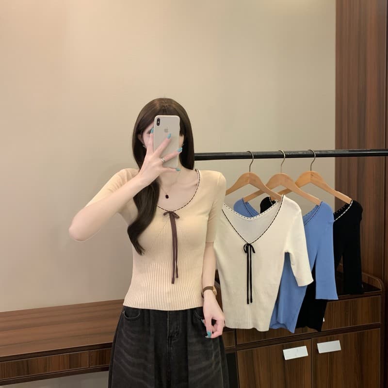 실사 정가 이른 가을 새로운 V넥 한국 스타일 몸매 가꾸기 슬림해 보이는 다용도 패션 순수한 욕망 바람 니트 반팔 맨위 상세 이미지 2