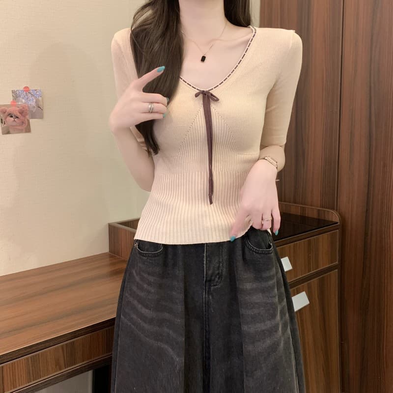 실사 정가 이른 가을 새로운 V넥 한국 스타일 몸매 가꾸기 슬림해 보이는 다용도 패션 순수한 욕망 바람 니트 반팔 맨위 상세 이미지 11