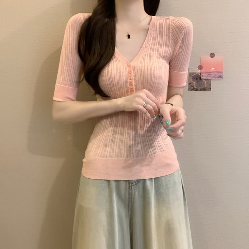 실사 정가 이른 가을 새로운 한국 스타일 레트로 V넥 허리 수축 몸매 가꾸기 슬림해 보이는 품격 다용도 중간 소매 니트 맨위 이미지 3