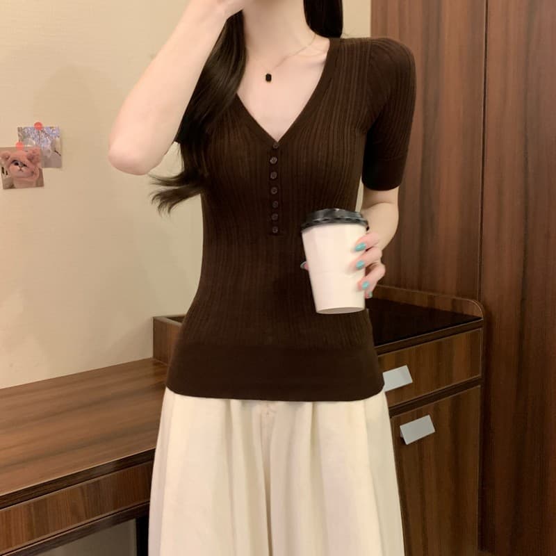 실사 정가 이른 가을 새로운 한국 스타일 레트로 V넥 허리 수축 몸매 가꾸기 슬림해 보이는 품격 다용도 중간 소매 니트 맨위 이미지 5