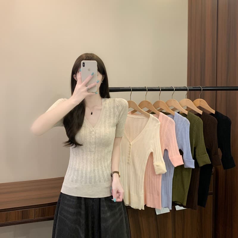 실사 정가 이른 가을 새로운 한국 스타일 레트로 V넥 허리 수축 몸매 가꾸기 슬림해 보이는 품격 다용도 중간 소매 니트 맨위 상세 이미지 1