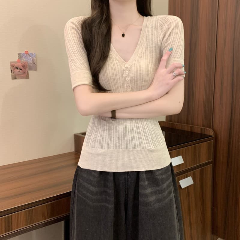실사 정가 이른 가을 새로운 한국 스타일 레트로 V넥 허리 수축 몸매 가꾸기 슬림해 보이는 품격 다용도 중간 소매 니트 맨위 상세 이미지 10