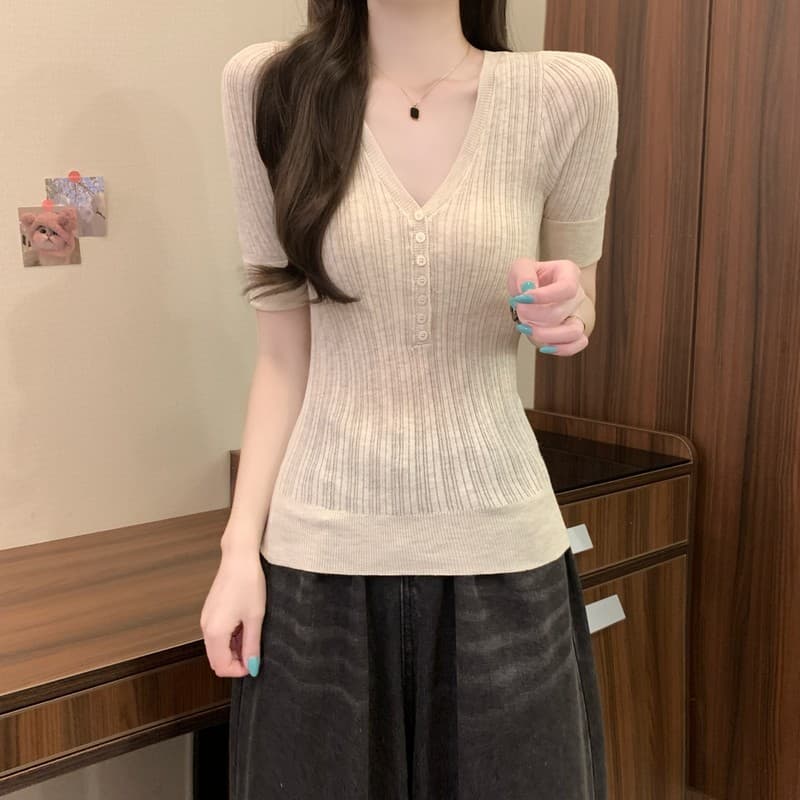 실사 정가 이른 가을 새로운 한국 스타일 레트로 V넥 허리 수축 몸매 가꾸기 슬림해 보이는 품격 다용도 중간 소매 니트 맨위 상세 이미지 14