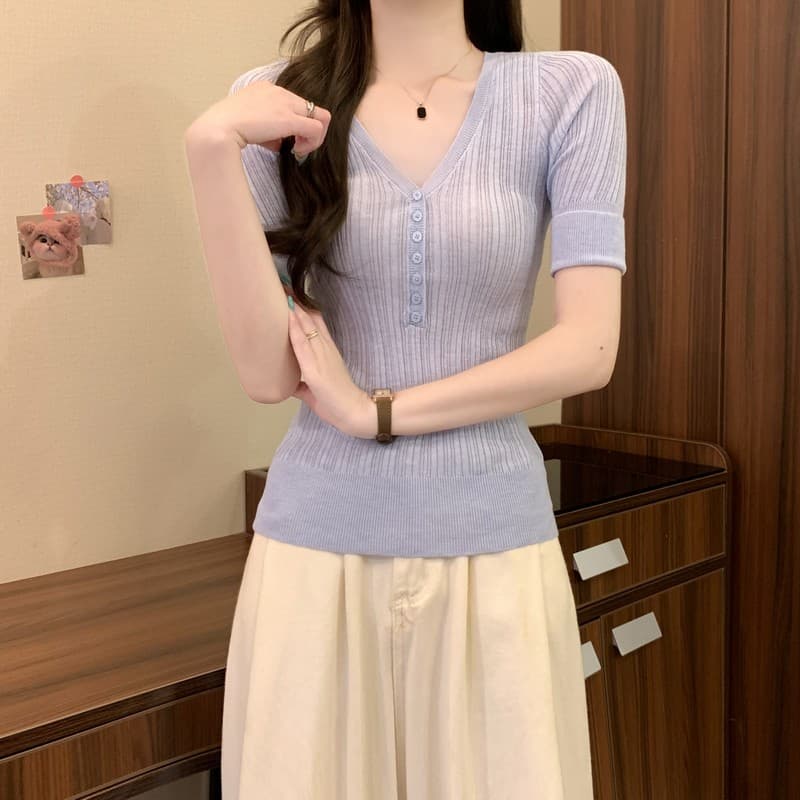 실사 정가 이른 가을 새로운 한국 스타일 레트로 V넥 허리 수축 몸매 가꾸기 슬림해 보이는 품격 다용도 중간 소매 니트 맨위 상세 이미지 21