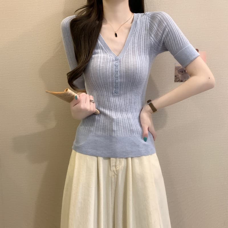 실사 정가 이른 가을 새로운 한국 스타일 레트로 V넥 허리 수축 몸매 가꾸기 슬림해 보이는 품격 다용도 중간 소매 니트 맨위 상세 이미지 23