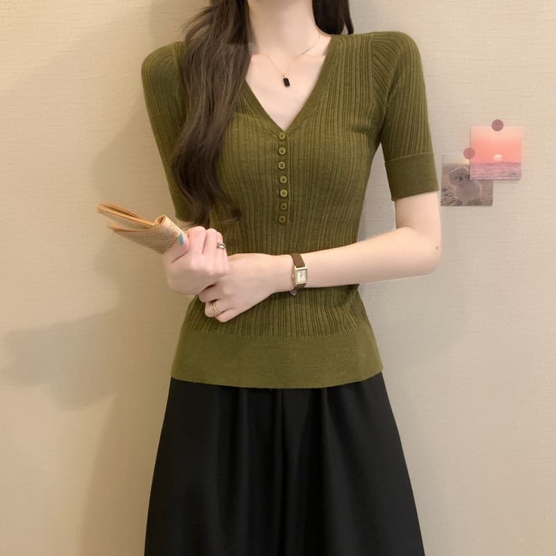 실사 정가 이른 가을 새로운 한국 스타일 레트로 V넥 허리 수축 몸매 가꾸기 슬림해 보이는 품격 다용도 중간 소매 니트 맨위 상세 이미지 27