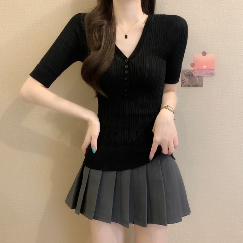 실사 정가 이른 가을 새로운 한국 스타일 레트로 V넥 허리 수축 몸매 가꾸기 슬림해 보이는 품격 다용도 중간 소매 니트 맨위 상세 이미지 39