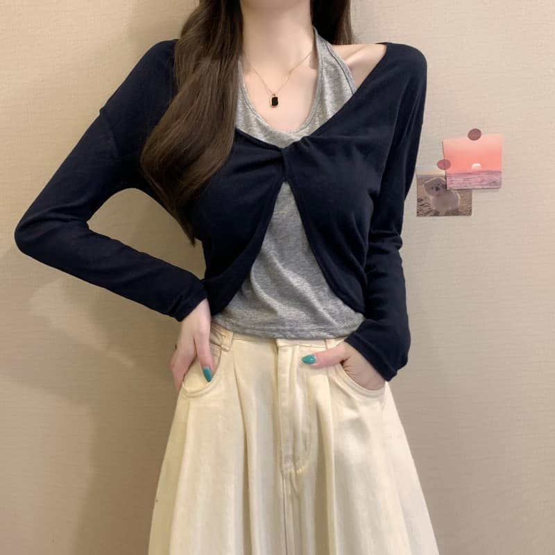 실사 정가 이른 가을 새로운 한 부서 미니멀리즘 품격 다용도 행침 목 비틀림 레트로 패션 배색 가짜 2 피스 슈트 이미지 4