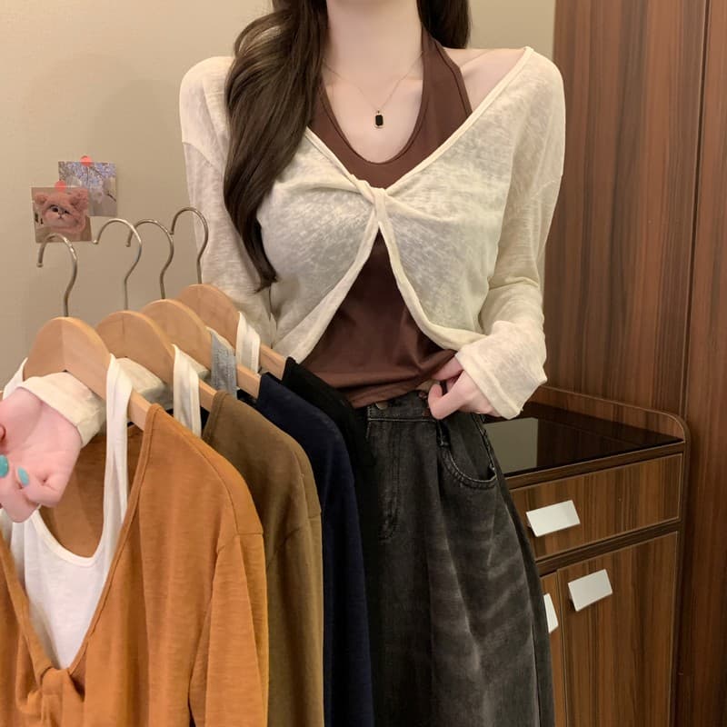 실사 정가 이른 가을 새로운 한 부서 미니멀리즘 품격 다용도 행침 목 비틀림 레트로 패션 배색 가짜 2 피스 슈트 상세 이미지 3