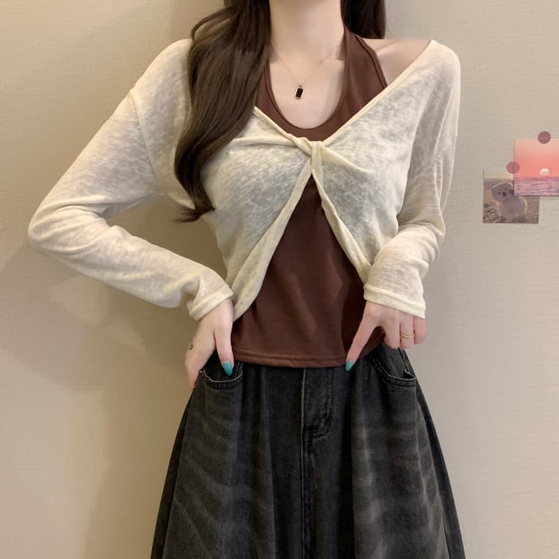 실사 정가 이른 가을 새로운 한 부서 미니멀리즘 품격 다용도 행침 목 비틀림 레트로 패션 배색 가짜 2 피스 슈트 상세 이미지 8