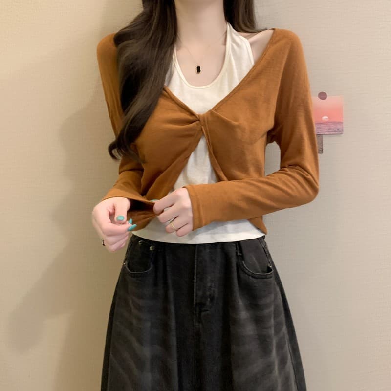 실사 정가 이른 가을 새로운 한 부서 미니멀리즘 품격 다용도 행침 목 비틀림 레트로 패션 배색 가짜 2 피스 슈트 상세 이미지 15