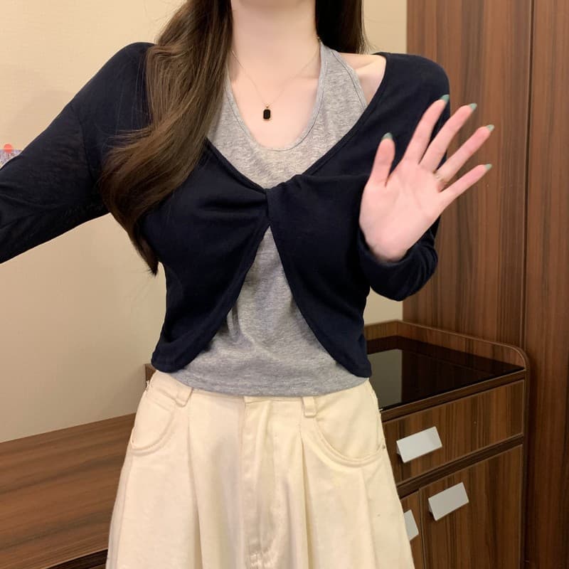실사 정가 이른 가을 새로운 한 부서 미니멀리즘 품격 다용도 행침 목 비틀림 레트로 패션 배색 가짜 2 피스 슈트 상세 이미지 24