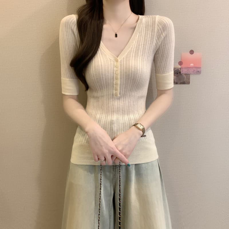 실사 정가 이른 가을 새로운 한국 스타일 레트로 V넥 허리 수축 몸매 가꾸기 슬림해 보이는 품격 다용도 중간 소매 니트 맨위 이미지 2