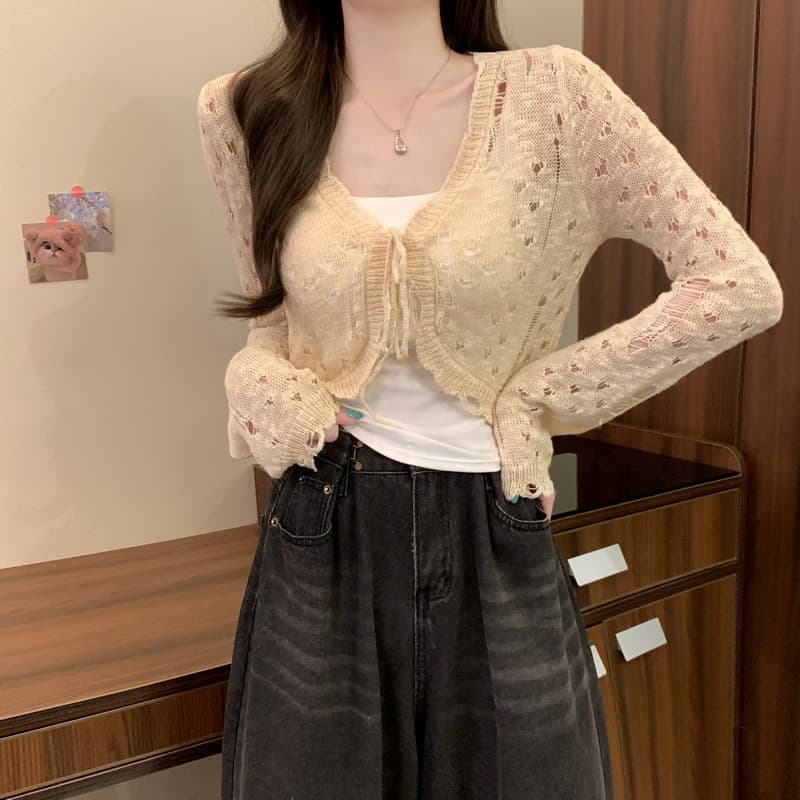 실사 정가 이른 가을 새로운 프랑스식 아름다움 레트로 보헤미안 홀로우 아웃 찢어진 부분 다용도 패션 니트 오픈 가디건 이미지 4