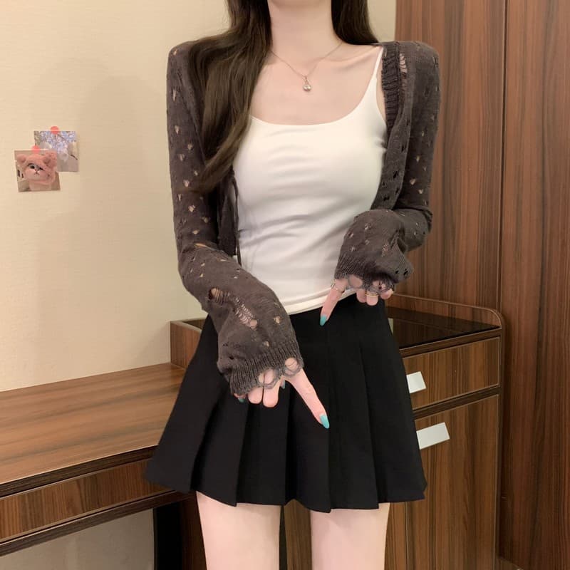 실사 정가 이른 가을 새로운 프랑스식 아름다움 레트로 보헤미안 홀로우 아웃 찢어진 부분 다용도 패션 니트 오픈 가디건 상세 이미지 21