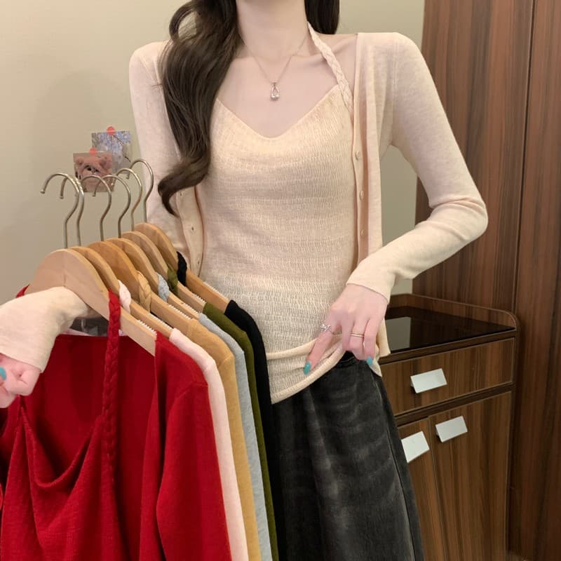 실사 정가 이른 가을 새로운 한 부서 부드러운 슬림해 보이는 꽈배기 행침 목 조끼 단색 오픈 가디건 투피스 세트 세트 상세 이미지 3